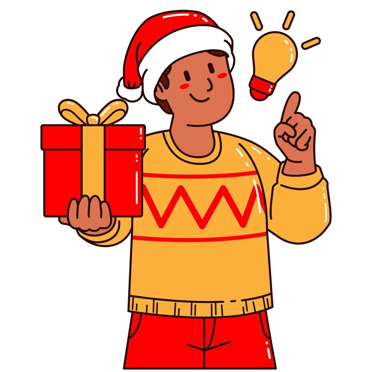 Vector un hombre con un sombrero de papá noel sosteniendo una caja de regalos