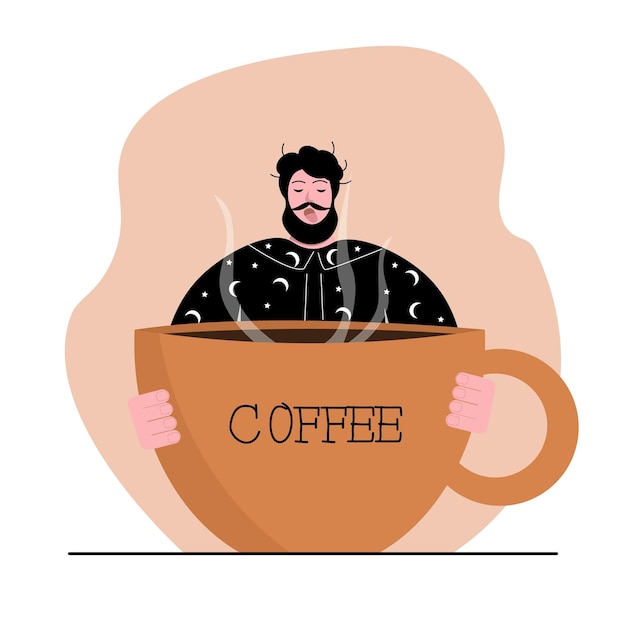 Un hombre somnoliento con el pelo desaliñado en pijama sostiene una enorme taza de café en sus manos y bosteza ilustración vectorial