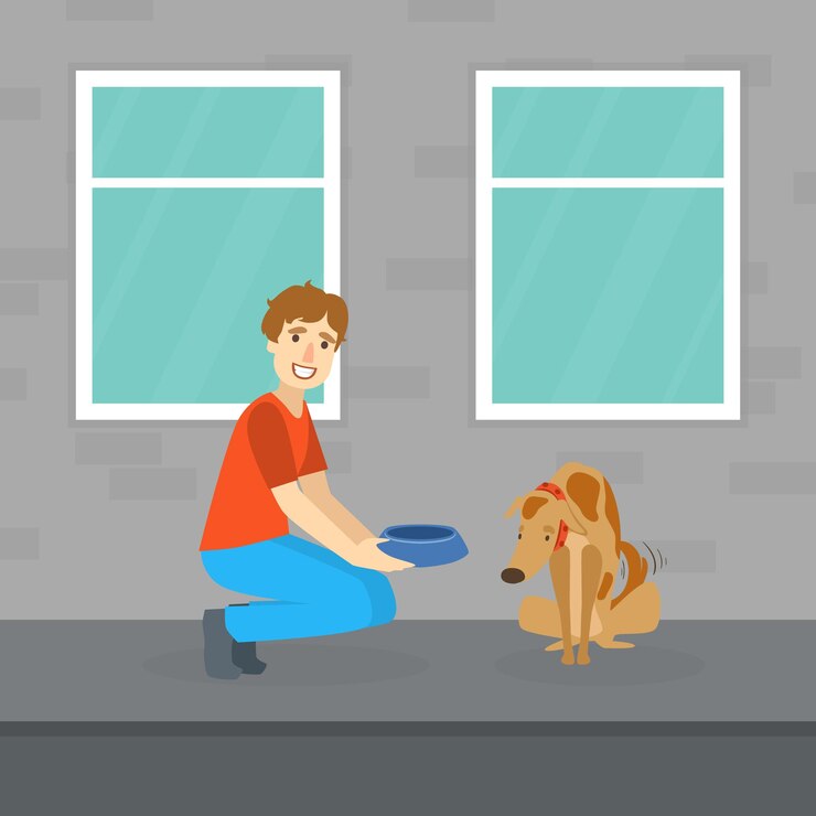 Vector hombre sonriente alimentando a un perro sin hogar en la calle ilustración vectorial plana