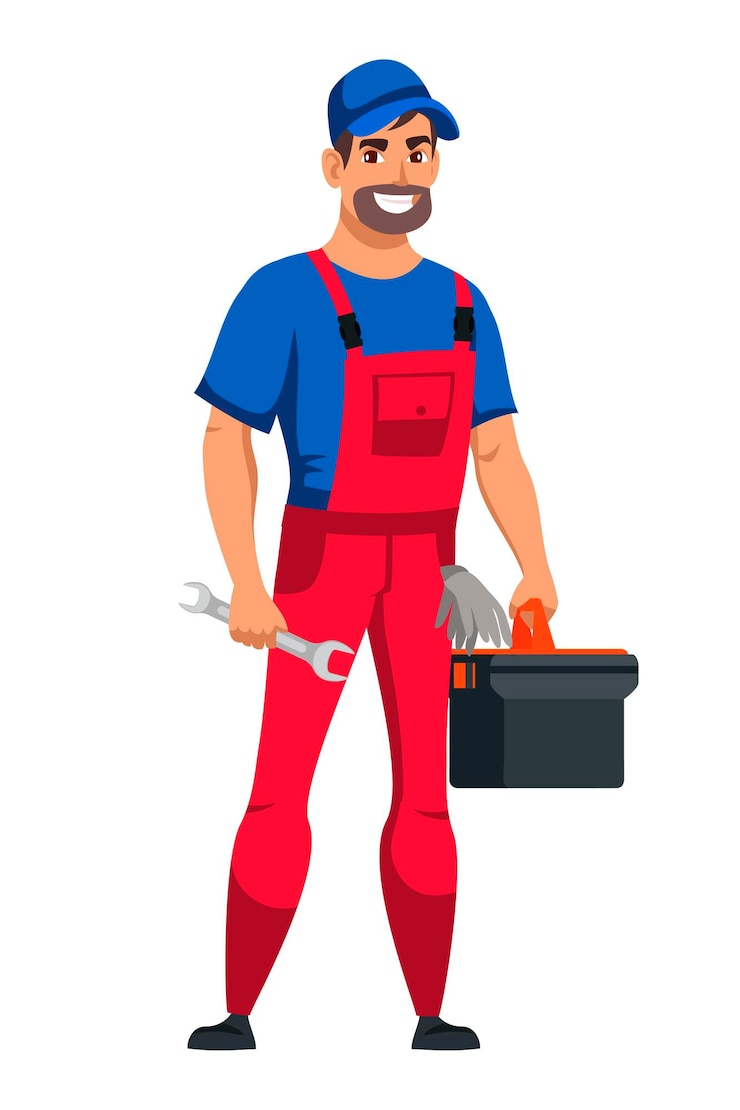 Vector hombre sonriente amable carácter mecánico de automóviles con uniforme sosteniendo la caja de herramientas y la llave en la mano que se encuentran aisladas en blanco