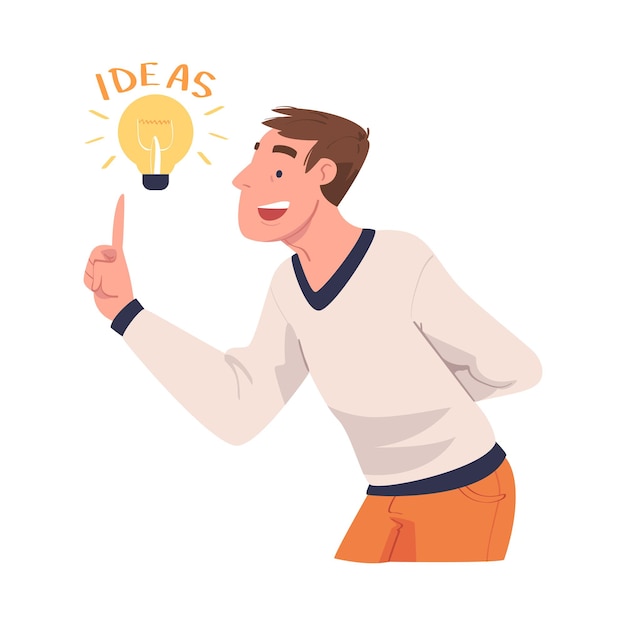 Hombre sonriente con bombilla encendida con ilustración vectorial de ideas
