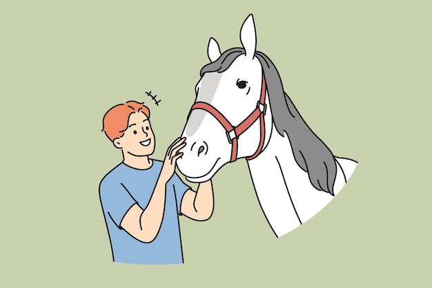 Hombre sonriente con caballo en la granja