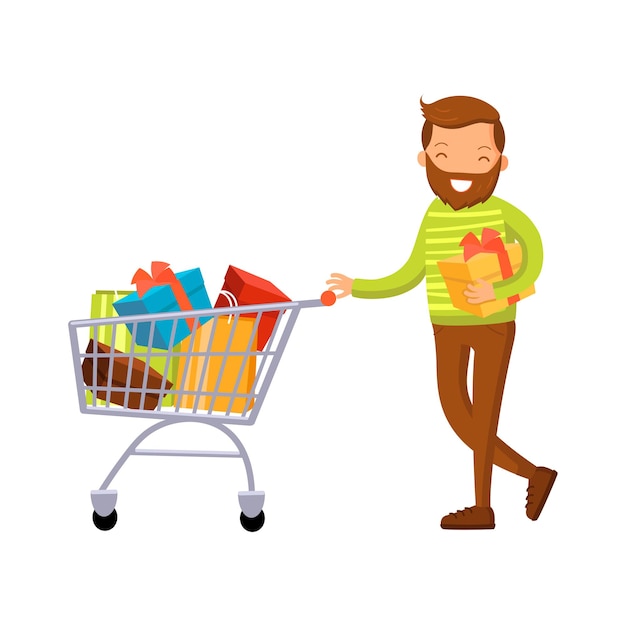 Hombre sonriente con carrito de compras lleno de compras compras masculinas en un vector de dibujos animados de centro comercial ilustración aislada en un fondo blanco
