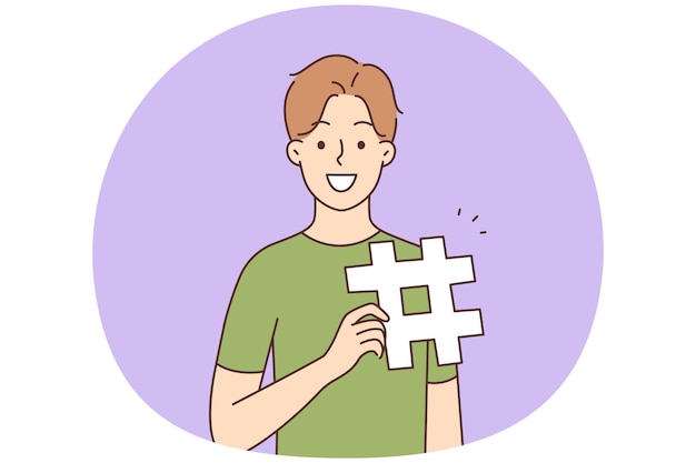 Vector hombre sonriente con un cartel de hashtag