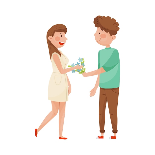 Hombre sonriente dando un ramo de flores a una mujer Ilustración vectorial