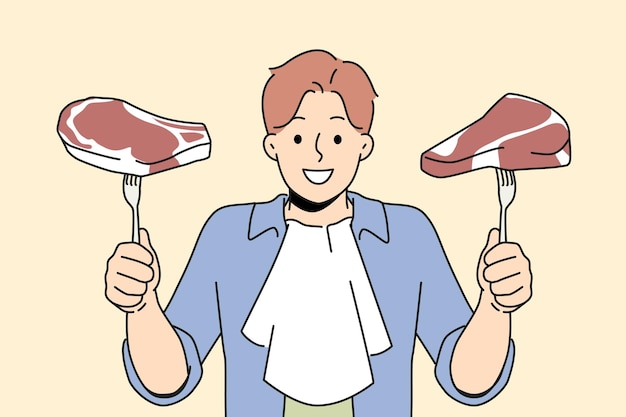 Hombre sonriente con filetes de carne en las manos