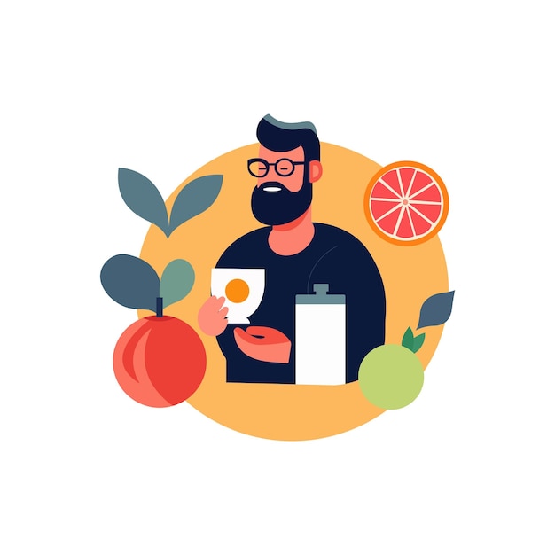 Un hombre sonriente con frutas dieta saludable concepto vector ilustración