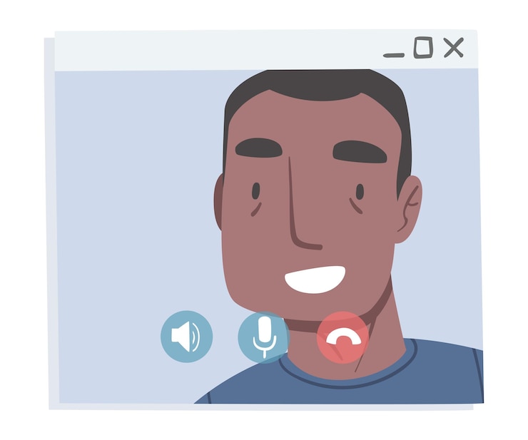 Vector hombre sonriente haciendo videoconferencia hombre afroamericano hablando en línea trabajando desde casa distancia social ilustración vectorial de concepto