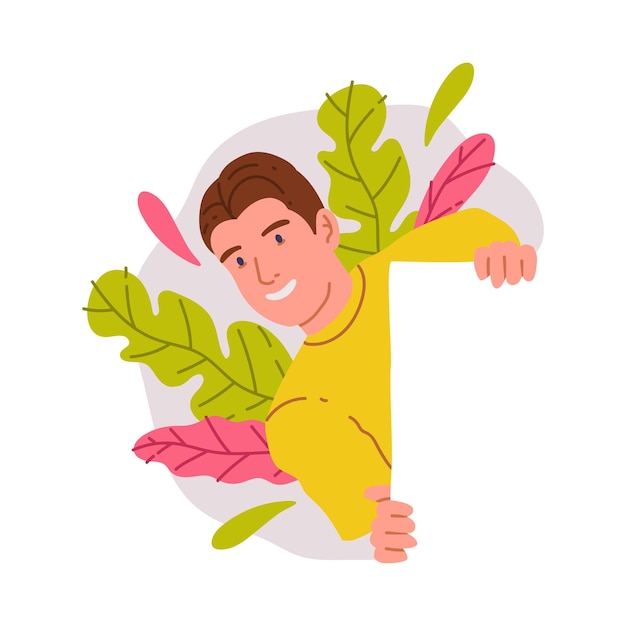 Hombre sonriente mirando por la esquina con una colorida ilustración vectorial de follaje