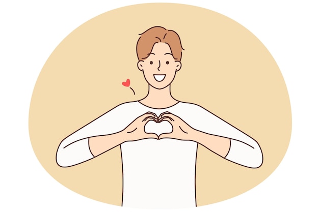 Hombre sonriente mostrar gesto de mano de corazón