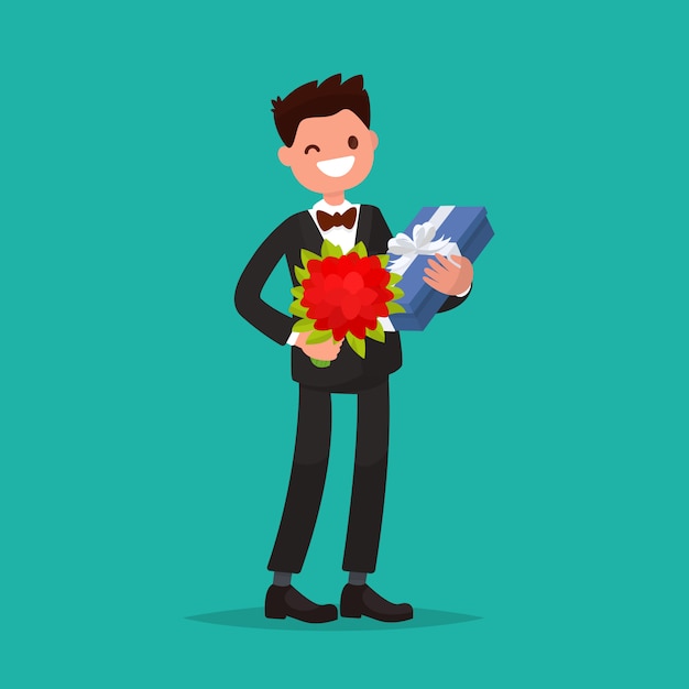 Hombre sonriente que llevaba un traje con un ramo de rosas y un regalo.
