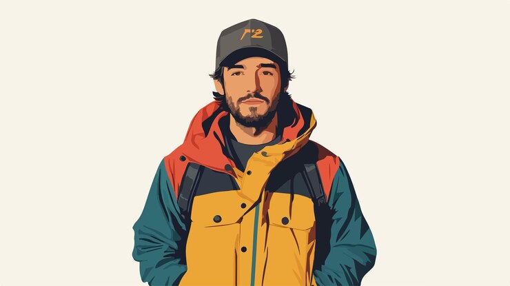 Vector hombre sonriente con ropa casual y gorra contra un fondo de tiro de gran ángulo