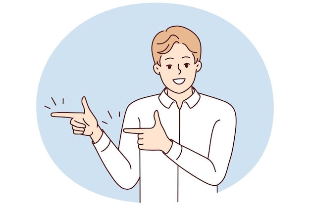 El hombre sonriente señala un buen trato de venta u ofrece el tipo feliz recomienda un descuento o promoción