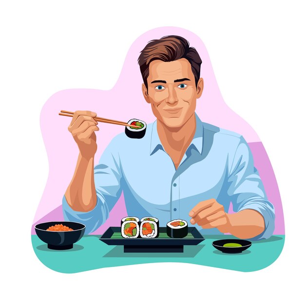 Hombre sonriente sentado en la mesa en un restaurante comiendo sushi con palillos