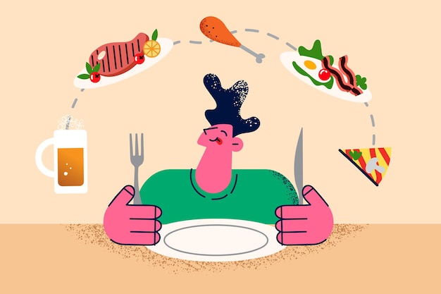 El hombre sonriente se sienta a la mesa en el restaurante piensa en la variedad de comida a la orden. El cliente feliz hambriento elige un plato del menú para comer en la cafetería o en el bar. Nutrición, concepto de hábito alimenticio. Ilustración vectorial.