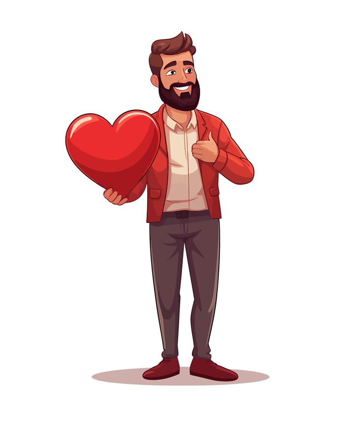 Hombre sonriente sosteniendo un corazón rojo en la mano con una chaqueta casual