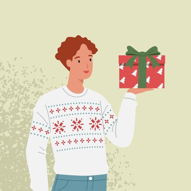 Hombre sonriente con un suéter con regalos de Navidad. ilustración en un estilo plano