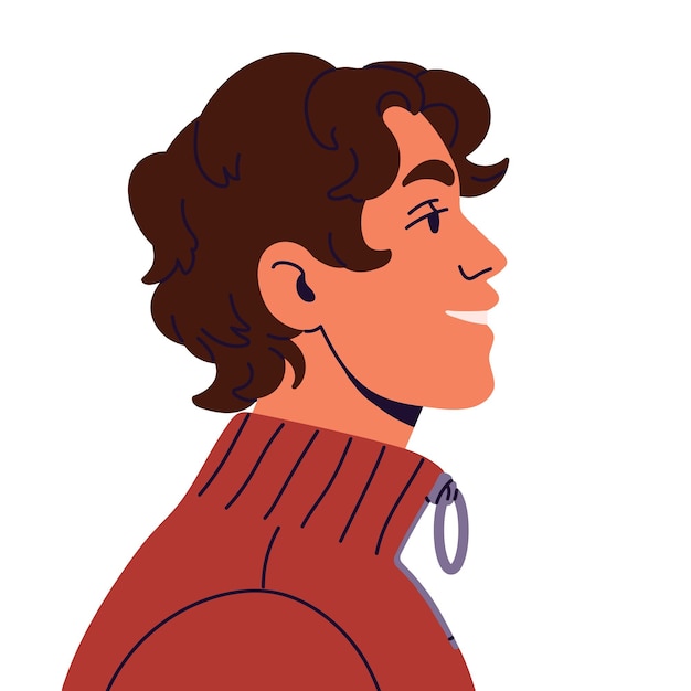 Hombre sonriente en suéter retrato de vista lateral Hombre joven con emociones positivas expresión facial feliz Profilo de usuario de avatar de niño con cara alegre Ilustración vectorial aislada plana sobre fondo blanco