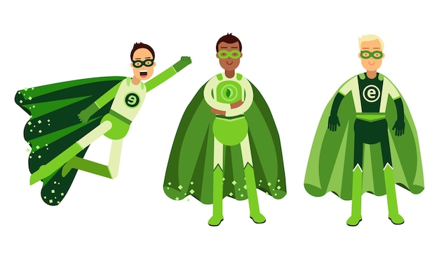 Vector hombre sonriente con trajes de superhéroe ecológico verde de pie y corriendo al rescate set de ilustraciones vectoriales