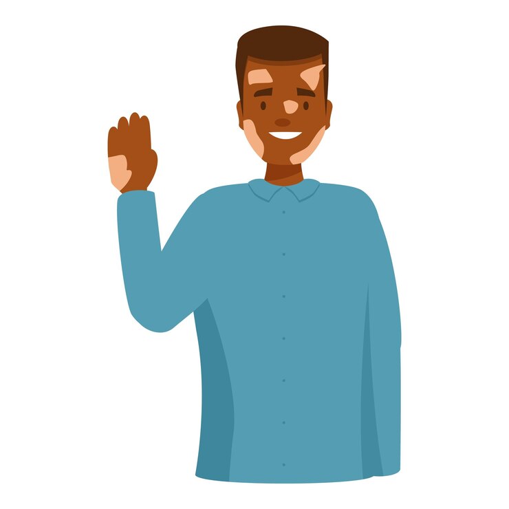Vector hombre sonriente con vitiligo agitando la mano sobre un fondo blanco