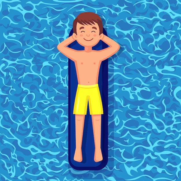 El hombre de la sonrisa nada, bronceándose en un colchón de aire en la piscina. Personaje flotando sobre un juguete en el fondo del agua. Círculo inactivo. Vacaciones de verano, vacaciones, tiempo de viaje. ilustración