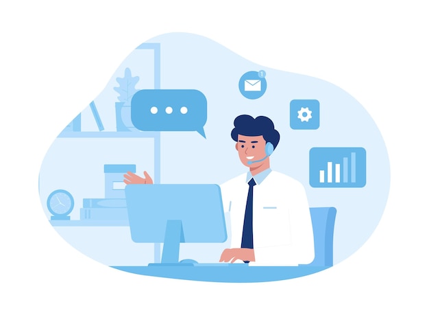 Hombre de soporte al cliente trabajando en un centro de llamadas concepto ilustración plana