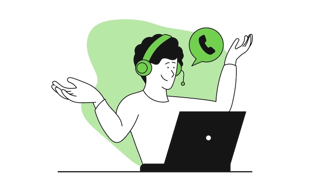 Hombre y soporte en línea ilustración vectorial Comunicación empresarial y ayuda de servicio de llamadas