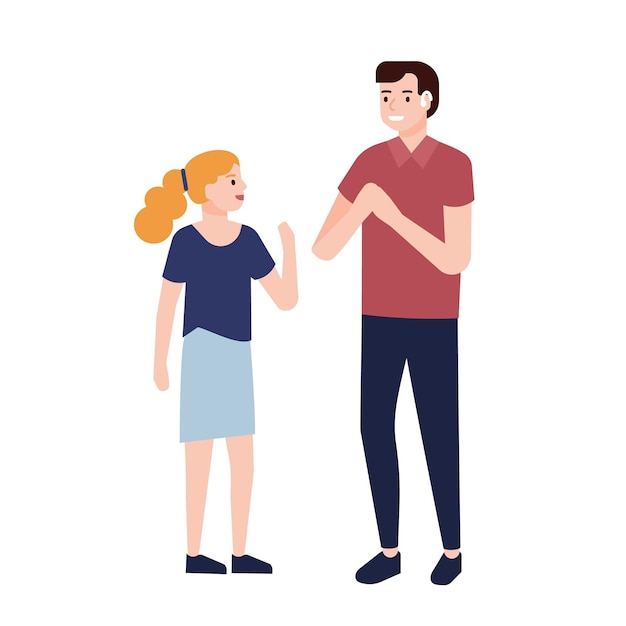  Hombre sordo sonriente que muestra signos a la niña. comunicación con personas con sordera o discapacidad auditiva. personajes de dibujos animados lindos aislados sobre fondo blanco. ilustración de vector plano.