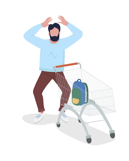 Hombre sorprendido con carácter vectorial de color semi plano de carro de compras. Posando figura. Persona de cuerpo entero en blanco. Venta de liquidación aislada ilustración moderna de estilo de dibujos animados para diseño gráfico y animación