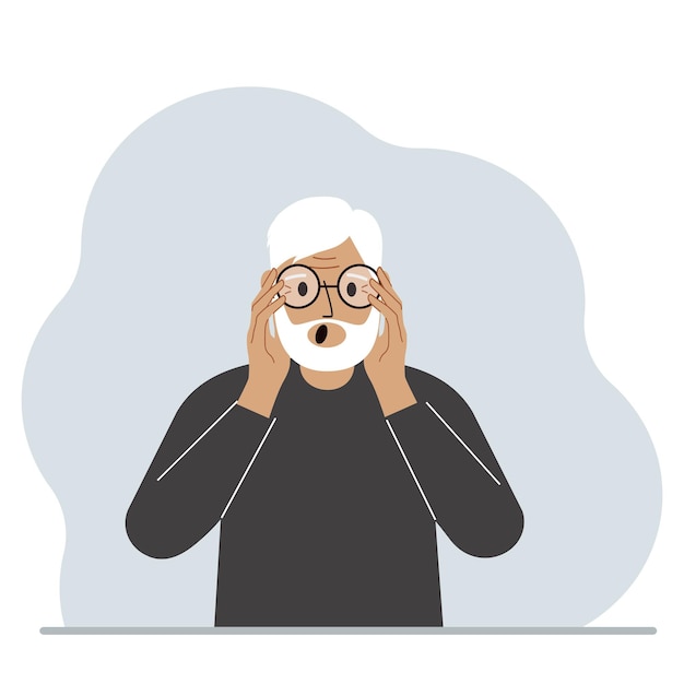 Hombre sorprendido con gafas. Concepto de problema de visión. Vector