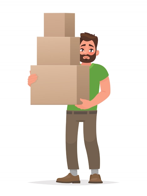 Vector el hombre está sosteniendo cajas sobre un fondo blanco.