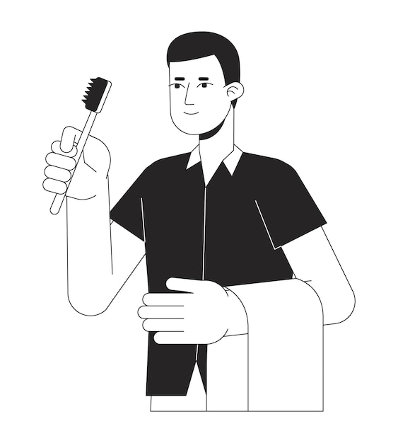 Hombre sosteniendo el cepillo de dientes línea plana carácter vectorial blanco y negro