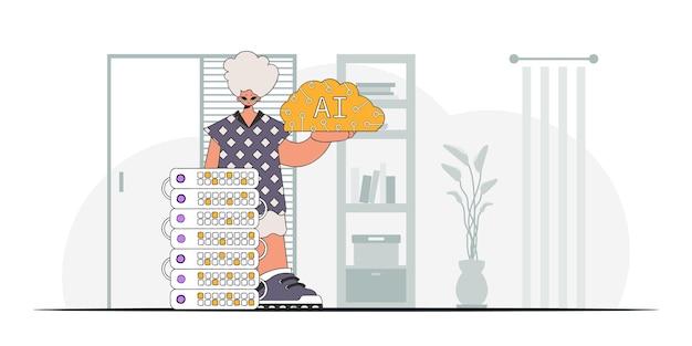 Hombre sosteniendo cerebro AI en estilo moderno, ilustración vectorial.