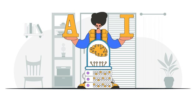 Un hombre sosteniendo un cerebro con un estilo moderno, ilustrado utilizando tecnología vectorial e inteligencia artificial.