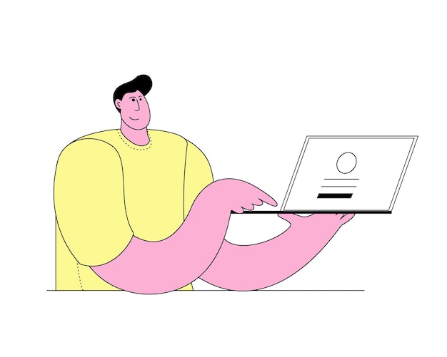 Hombre sosteniendo una computadora portátil y iniciando sesión