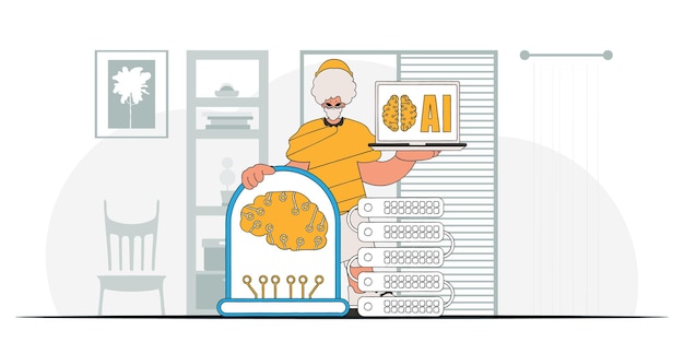 Hombre sosteniendo un elegante cerebro AI en ilustración vectorial.