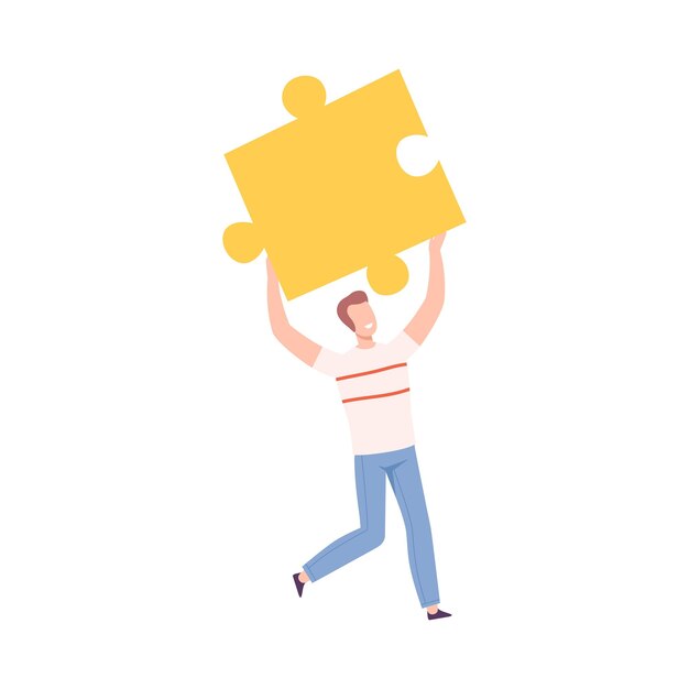 Hombre sosteniendo un elemento de rompecabezas sobre su cabeza Hombre sostiniendo una gran pieza de rompecabeo Montando rompecabeos abstractos Resolviendo problemas difíciles Ilustración vectorial de estilo de dibujos animados