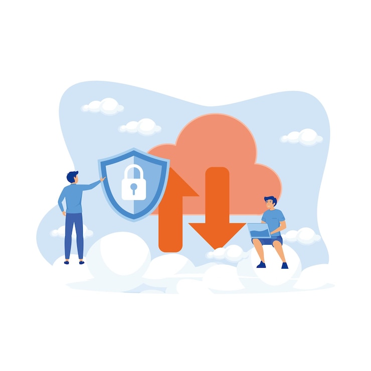 Vector hombre sosteniendo escudo de seguridad y desarrollador usando ilustración moderna de vector plano portátil