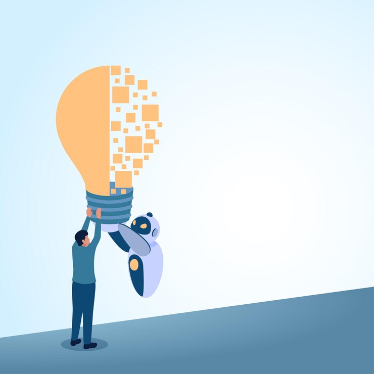 Vector un hombre sosteniendo una gran bombilla de ideas junto con un robot una ilustración metafórica para la integración de la unificación de la inteligencia artificial y el futuro digital