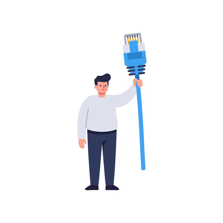 Vector hombre sosteniendo un gran cable ethernet que simboliza la conexión a internet y la ilustración vectorial del concepto de tecnología