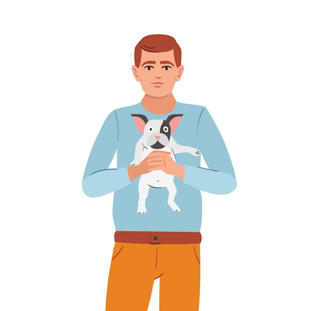 Hombre sosteniendo un lindo cachorro dueño de mascota feliz y adorable perro pequeño Ilustración vectorial plana