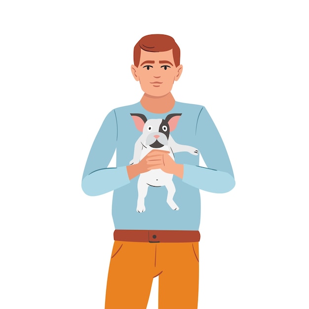 Vector hombre sosteniendo un lindo cachorro dueño de mascota feliz y adorable perro pequeño ilustración vectorial plana