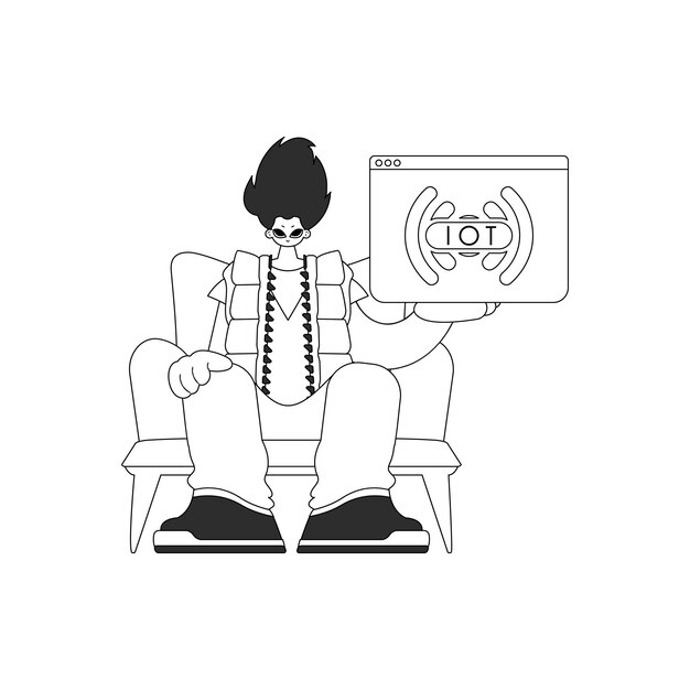 Hombre sosteniendo el logotipo de IoT en forma vectorial dibujado en un estilo lineal