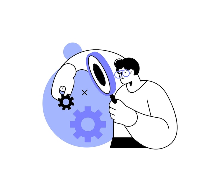 Vector un hombre sosteniendo una lupa y mirando engranajes