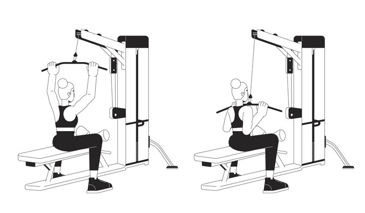 Vector hombre sosteniendo el mango con los brazos extendidos en la máquina de gimnasia línea plana negro blanco carácter vectorial contorno editable cuerpo completo persona fuerza simple dibujos animados ilustración de puntos aislados para diseño web
