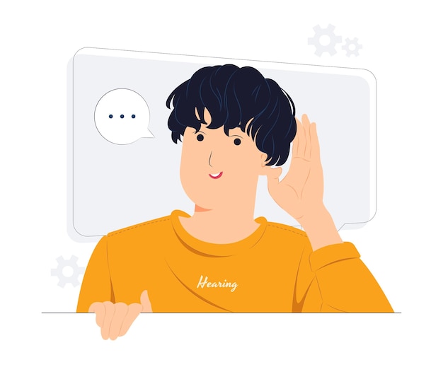 Hombre sosteniendo la mano cerca de la oreja, hablando, escuchando, escuchando, susurrando, curiosidad, chismes, sordera y prestar atención ilustraciones conceptuales