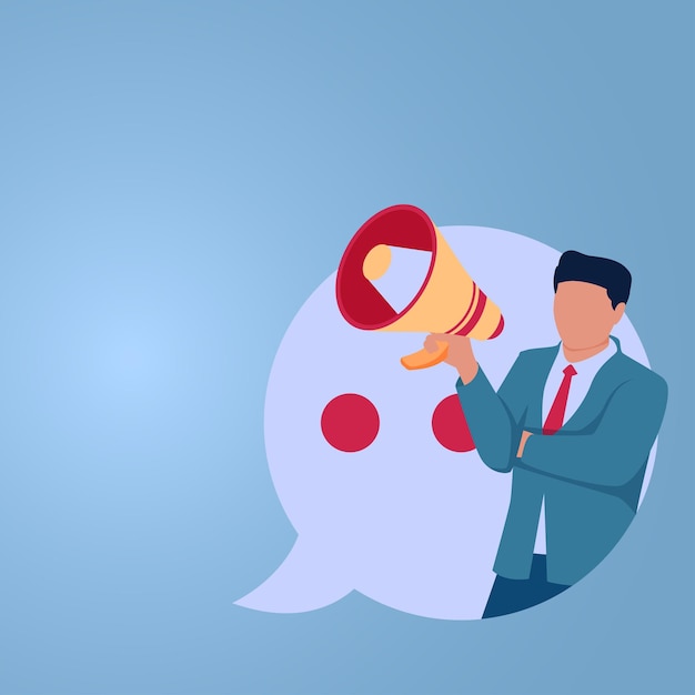 Un hombre sosteniendo un megáfono dentro de una burbuja de chat Ilustración para anuncios de compañías de relaciones públicas anuncios de ventas de medios promocionales