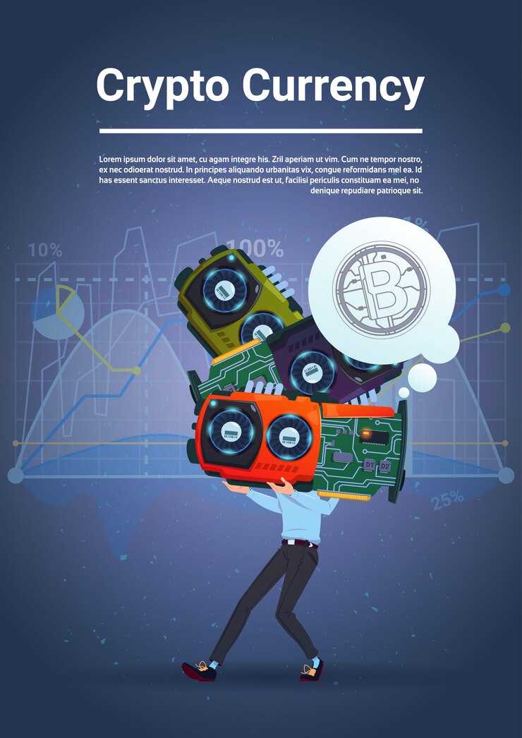 Vector hombre sosteniendo microchips bitcoins concepto digital crypto moneda modern web dinero sobre fondo azul