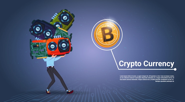 Vector hombre sosteniendo microchips crypto moneda concepto digital moderno web bitcoins sobre fondo azul