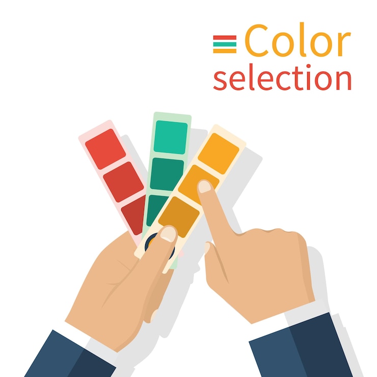 Vector hombre sosteniendo muestras de una paleta en las manos tocando el dedo de color seleccionado diseño plano de ilustración vectorial aislado sobre fondo blanco